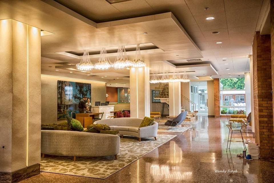 Mid-century modern hotel lobby in Nacogdoches with sculptural lighting